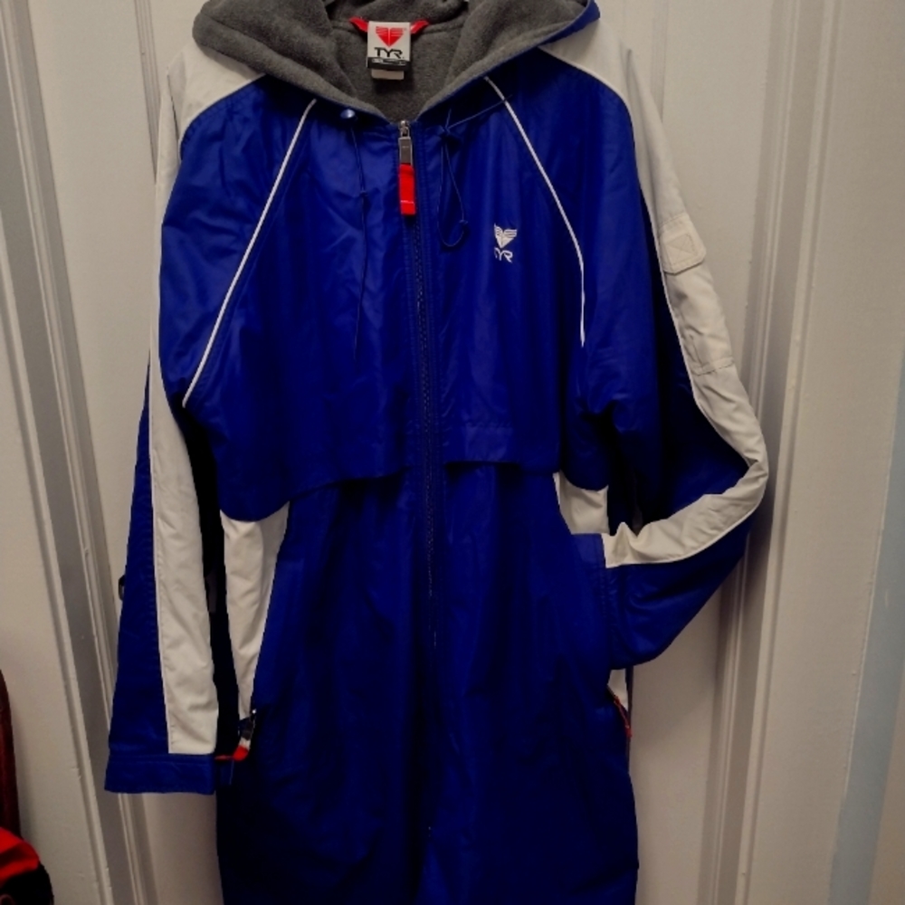 TYR swim parka coat hooded royal blue white color block grey fleece